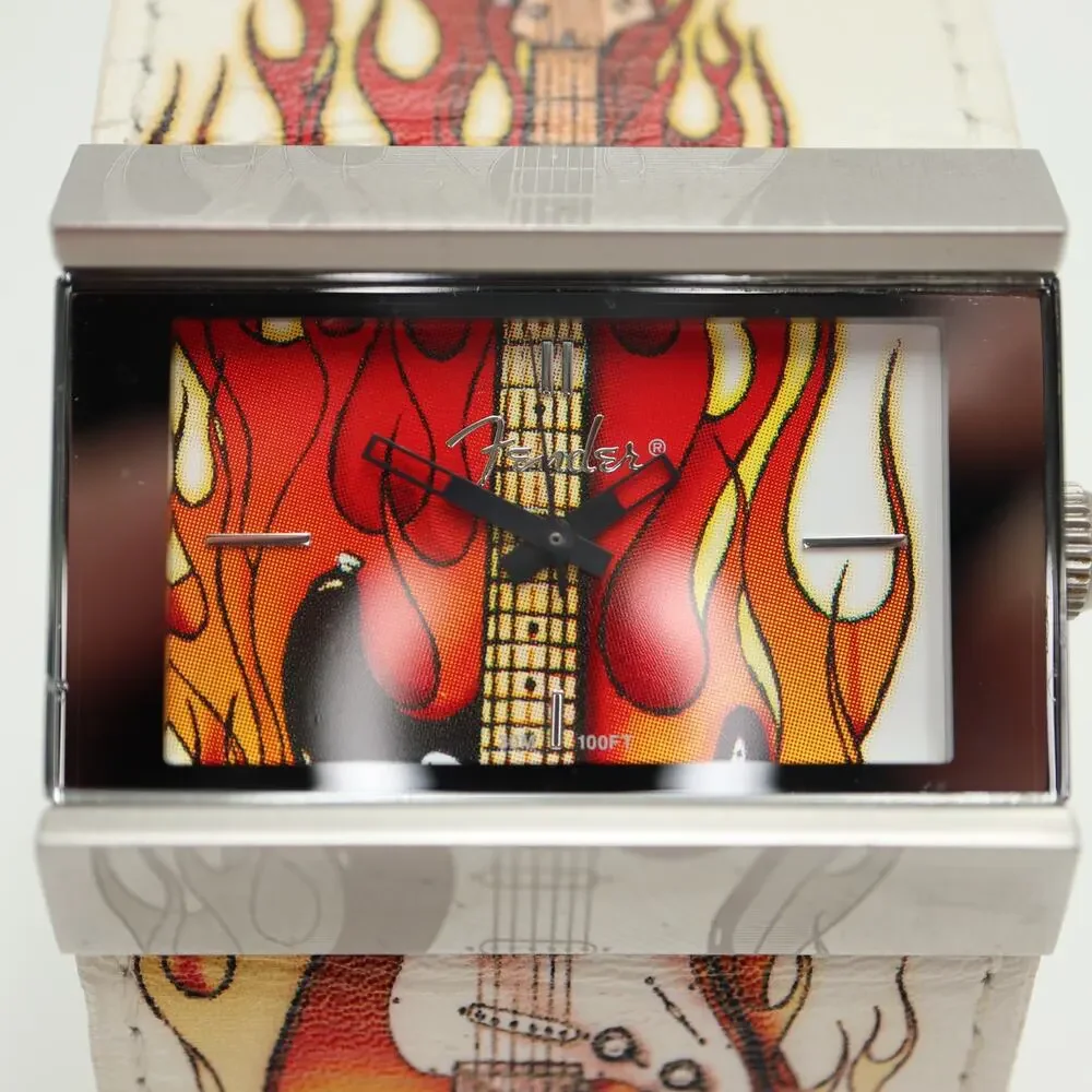 Fender Guitars Flames Skull White Leather 42mm Watch Y2K Rare w New Battery